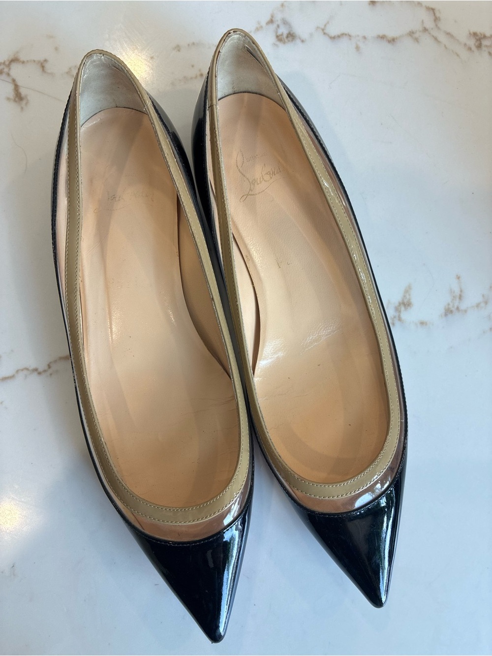 Christian Louboutin Two-Tone Black and Beige Patent Paulina Pointed Toe Flats